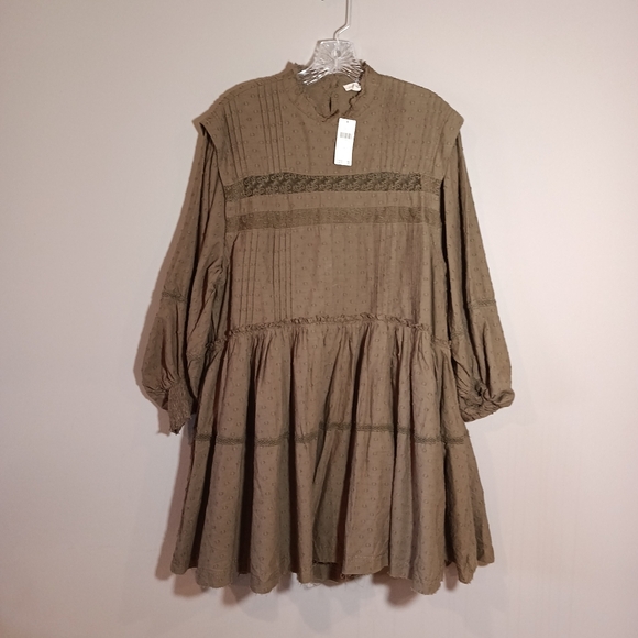 Anthropologie Pilcro Long Sleeve Mock Neck Swing Mini Dress in Green Brown M New - Picture 2 of 11